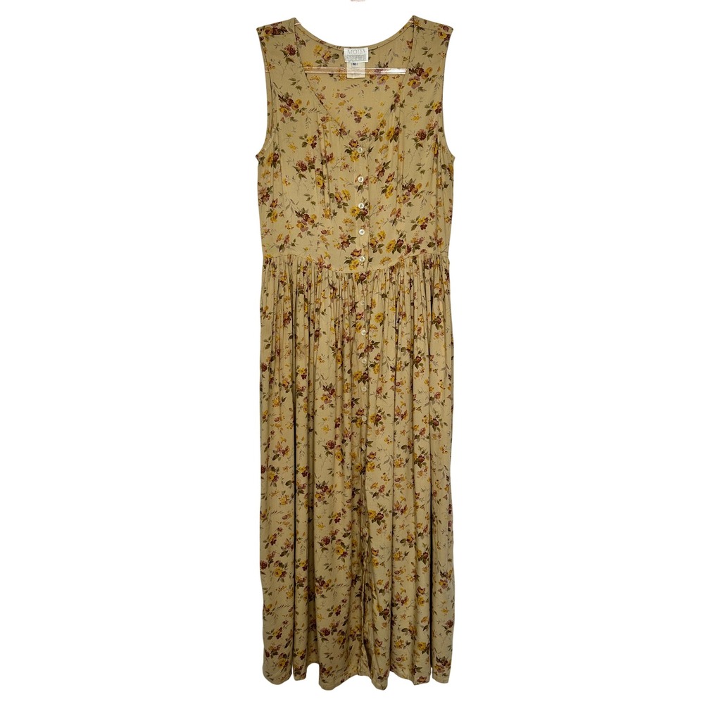 Vintage Moda Int'l Maxi Dress Button Front Size 10 Yellow Floral Sleeveless 90s